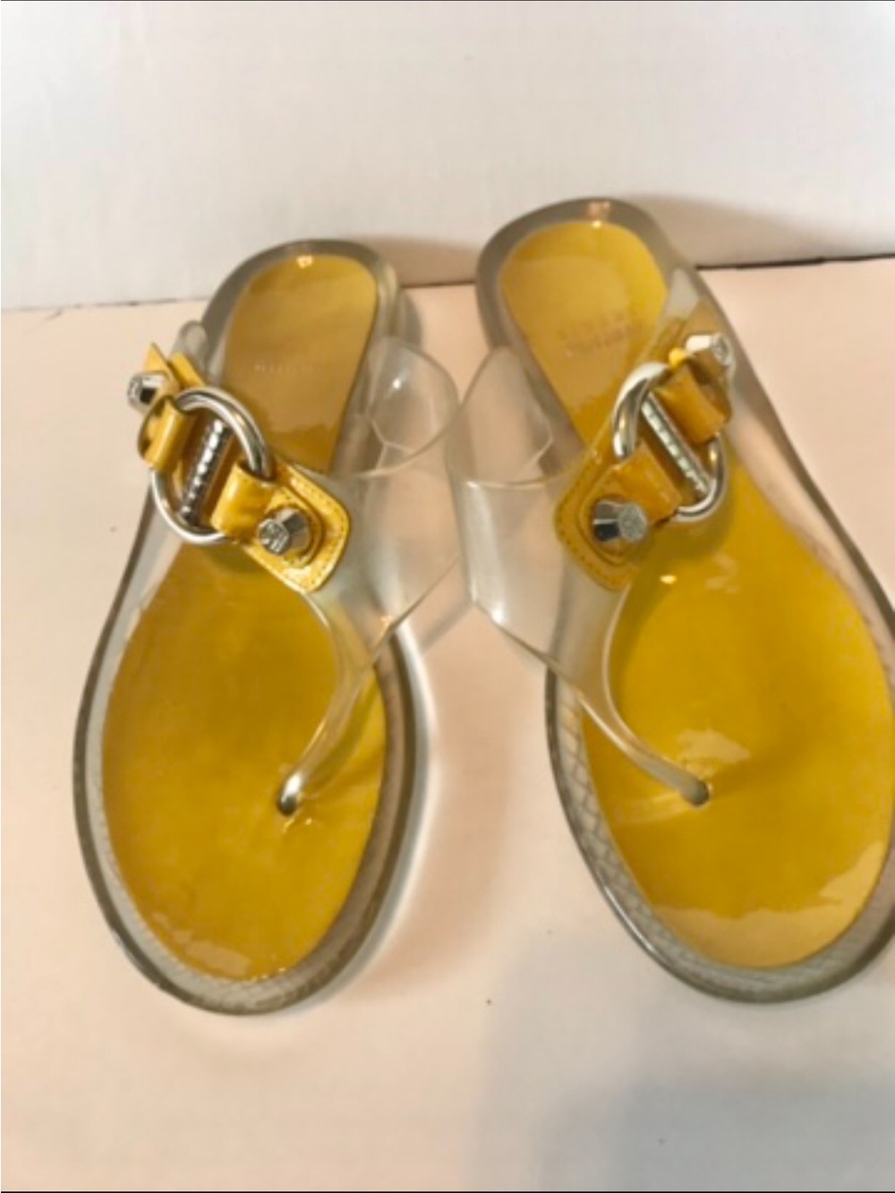 Stuart Weitzman Yellow Jelly Thong Sandals with Silver Buckle